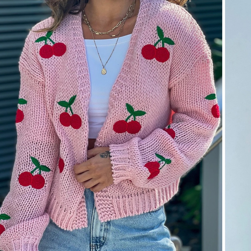 Altar'd State Pink Cherry Embroidered Knit Cardigan